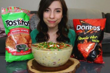 CREAMY CHEESY WHITE CHICKEN CHILI RECIPE & CHIPS MUKBANG