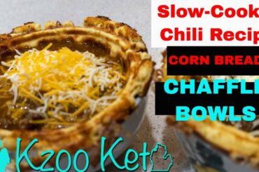 Slow Cooker Keto Chili & Cornbread Chaffle Bowls