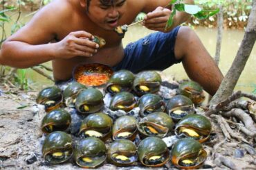 Cooking Snail bbq eat with Chili Sauce - Collect Snail in River with Jack Fruit n Grilled snail bbq