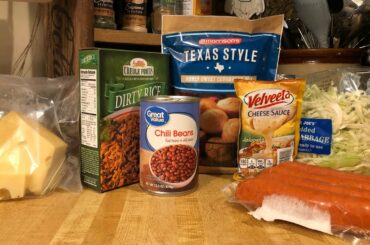 Comfort Food | Chili Cheese Cornbread Fritters with Dirty Cabbage Rice and Hot Links