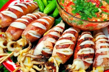 Cooking Octopus seafood - Grilled Fugu Sake , Octupos, Squid eat with Chili Sauce