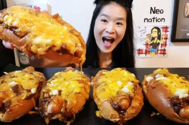 EXTRA CHEESY CHILI CHEESE HOT DOGS + BEEF STEAK! American Style Hot Dogs & Cheese Steak - Mukbang