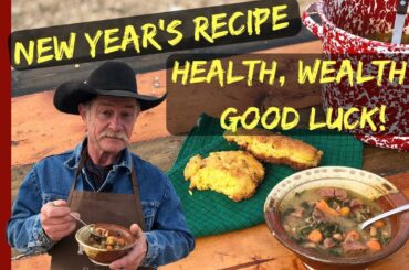 Easy New Year's Recipe - Cowboy Collard Greens and Black Eyed Pea Soup with Bacon Fried Cornbread