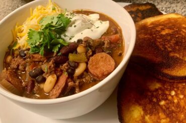 How To Make Three Bean Chili w/ Smoked Sausage + Cornbread Pancake Recipe