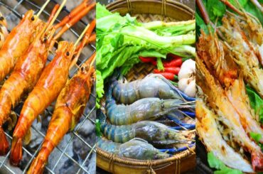 Cooking  Grilled Shrimp with Sauce chili and salad for eating in forest
