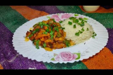 Red Dry Chili Chicken with Boiled Rice Recipe.