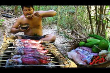 Yummy Cooking Squids bbq Recipe - Cook Stuffed Squid eat with Hot Chili Sauce