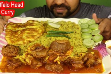 Mukbang !Eating Buffalo Head Curry,Khichdi,Omelette,salad,Green Chili |Eating Show with Sound |