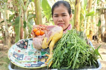 Cooking Water Spinach With Chicken Recipe -  Chicken Egg Cooking -  Khmer Food TV