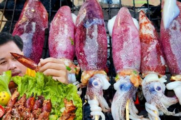 Cooking Squid bbq with chili Sauce - Grilled Squid bbq Recipe