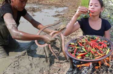 Catching skills Eels In muddy ground for Lunch - Yummy Cook Eels recipe with Spicy Chili