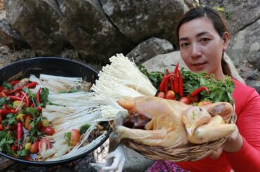 Chicken curry spicy chili with tomato and mushroom recipe cooking in forest very delicious