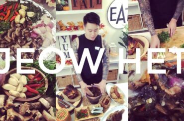 How to make Jeow Het. Lao Food: Roasted Mushroom Chili Garlic Cilantro Shallots Spicy Laotian Sauce.