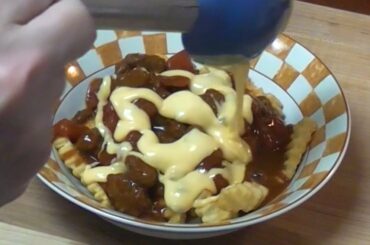 Great Value Chili, Ore-Ida Microwave Fries and Homemade Cheese Sauce