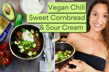 Vegan 3 Bean Chili with Sweet Cornbread and homemade sour cream