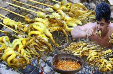 Cooking Octopus bbq Recipe - Cook Squid eat chili sauce