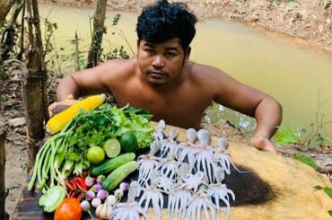 Cook Coconut Squid salad Recipe - Cooking Spider Octopus Salad with Chili,Lemon,Cucomber,Corn