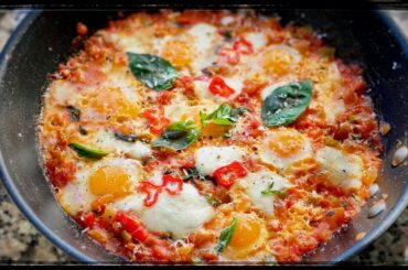 Shakshouka Italian Style with Quail Eggs, Mozzarella, Basil, Chili
