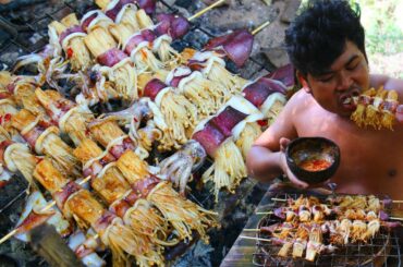 Cooking Squid Mushroom bbq Recipe - Cook Squid bbq eat with Chili Sauce delicious Food
