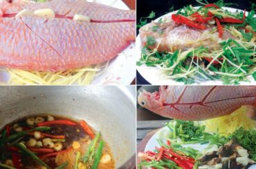 Cooking steamed fish red with ginger soy sauce and chili long recipe
