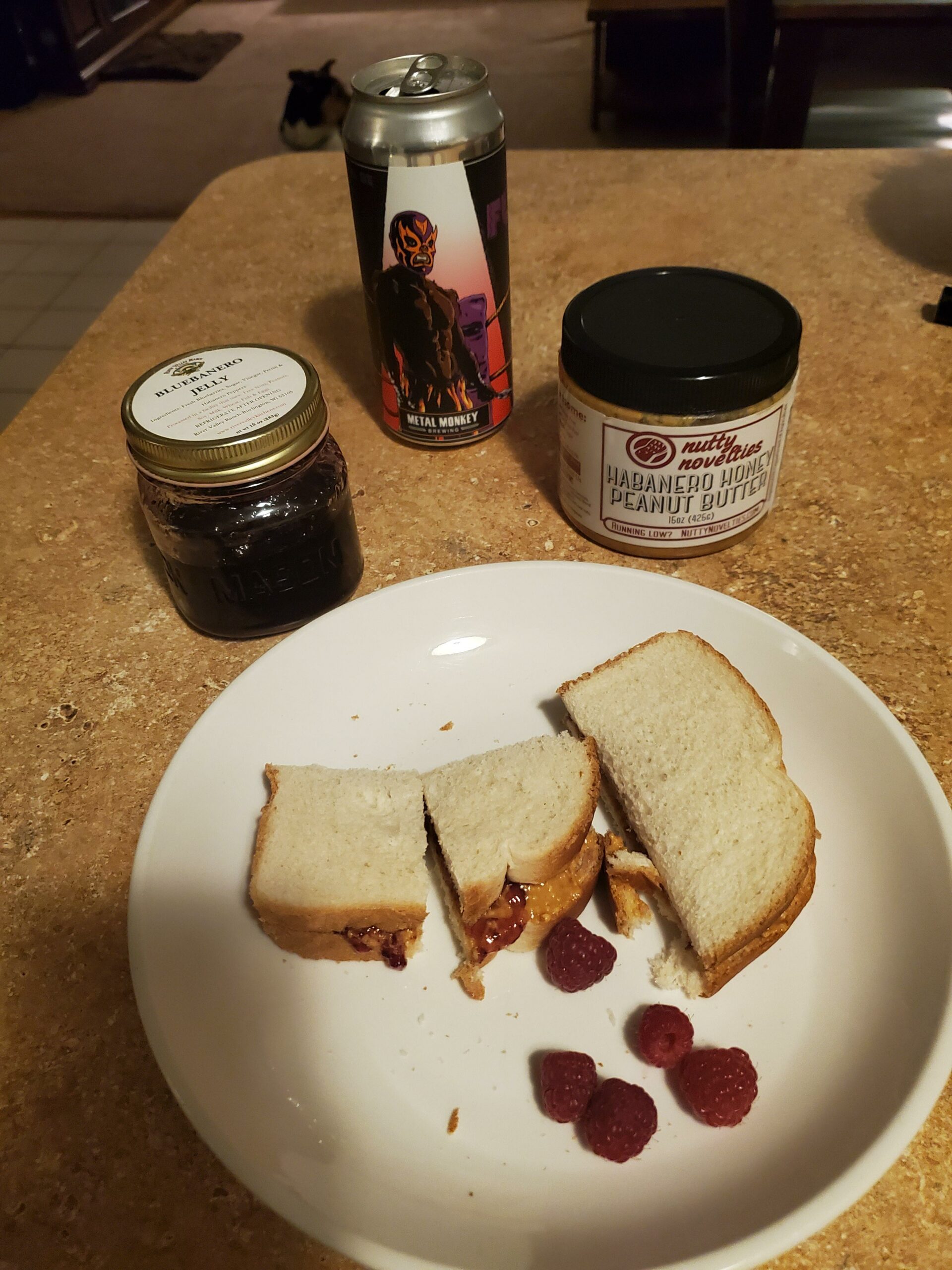 Habanero Peanut Butter and Blueberry Habanero Jelly with a Habanero Pale Ale. Chili Chili