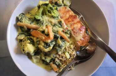 Seared Salmon with broccoli and cauliflower birdseye chilli green curry. Presentation's terrible, but taste amazing.