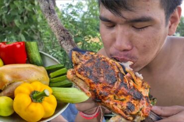 Cooking skills grill chicken recipe with chili sauce - eating sound delicious | Life cook forest