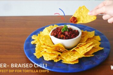 Beer Braised Chili with Tortilla Chips (plant-based ground meat recipe)