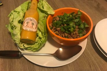 Turkey Larb Gai with fresh jalapeño from the garden and Thai green Chile along with my friends homemade papaya habanero hot sauce!