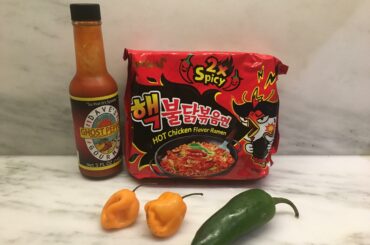 Samyang 2x Spicy + DavesDave's Ghost Pepper + 2 Habaneros + 1 Jalapeño
