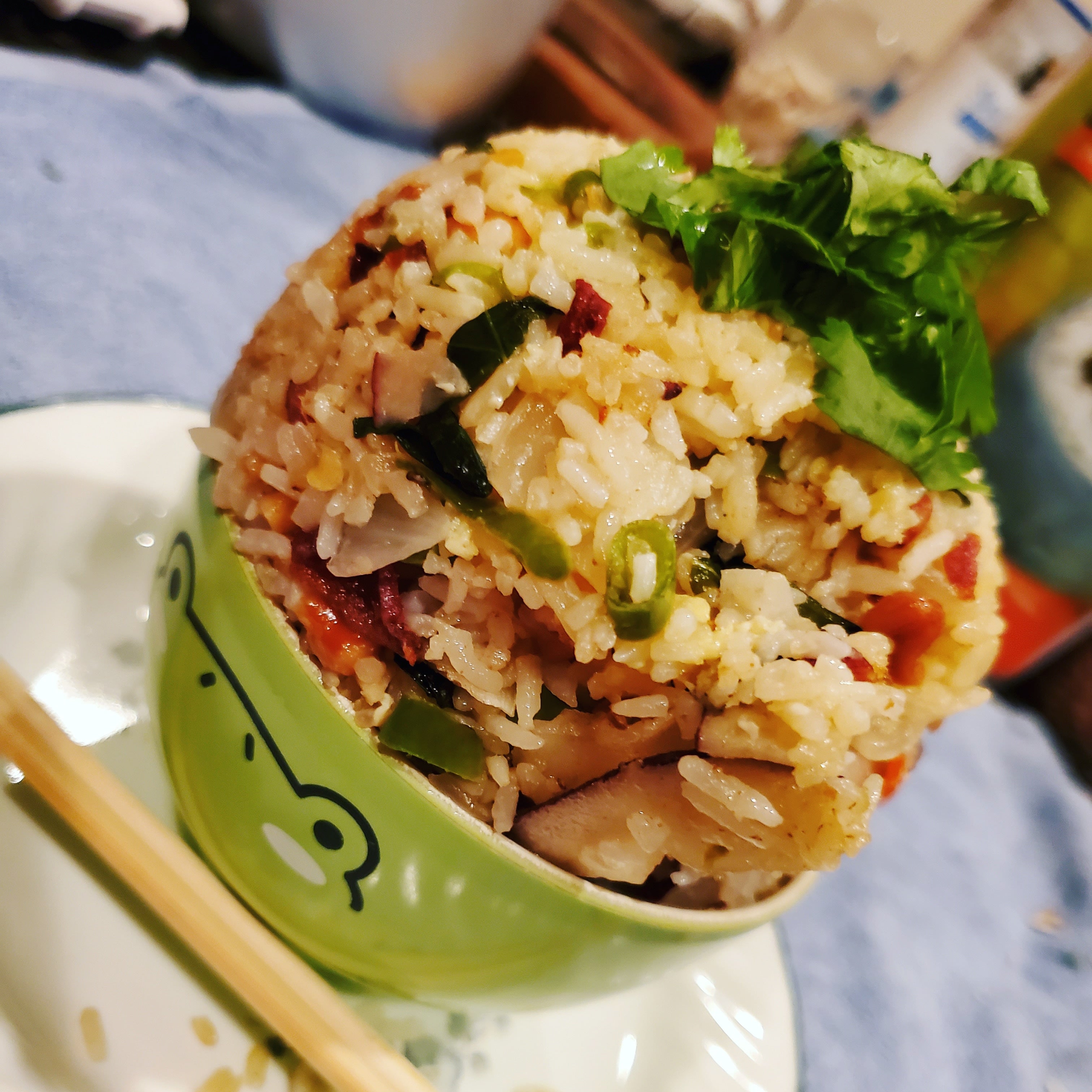 Basil fried rice with bacon, thai peppers and some sliced dried coconut