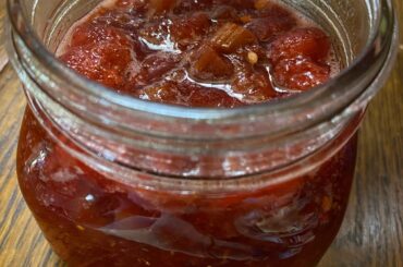 Strawberry-Rhubarb balsamic jam with Arbol, Ghost, Habanero, and jalapeño pepper blend