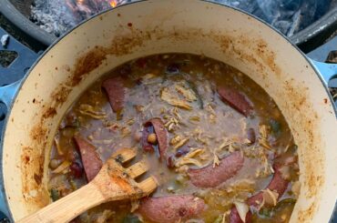 Spicy Goulash - Slowly cooked Jalapeños , Birds eye chillies and goast pepper rub in bone broth with venison sausage, pulled chicken, beans and onion.