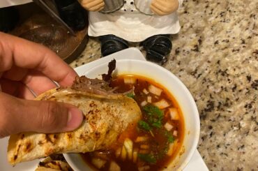 My birria tacos with a habenero conseme
