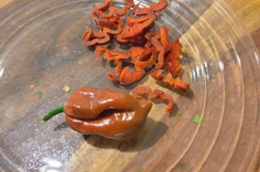 I sliced up a chocolate ghost pepper for a side garnish, I could only get through half of it with my meal because of the intense heat and I'm no pussy when it comes to heat.