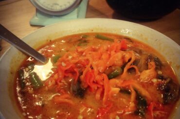 Laksa, with 3 fresh carolina reapers added at the end in my own bowl to avoid killing my husband with chillies.