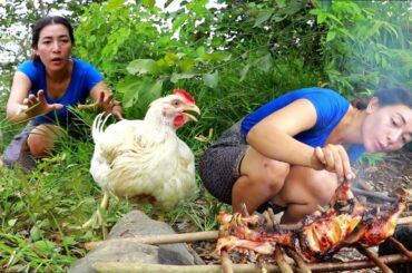Survival skills : Catch chicken in forest to cook for lunch-Grill chicken spicy chili eat delicious