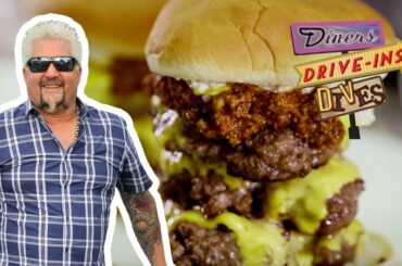 Guy Fieri Eats CORNDOG Shrimp and a Triple Chili Burger | Diners, Drive-Ins and Dives | Food Network