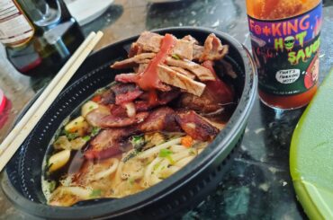 Udon noodle soup with leftover bacon, asada and F@*king hot sauce (no pun intended) lol