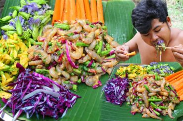 Cooking Fresh Shrimp Local Spicy Salad Recipe - Eating raw prawn Hot Chili Salad so delicious