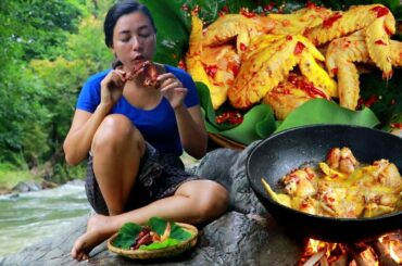 Yummy cooking chicken wing with spicy chili fried recipe eating delicious