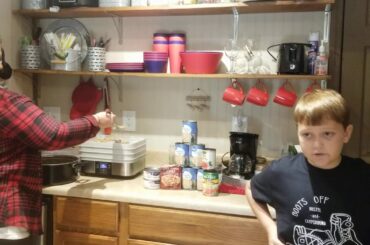 Oden and Mommy make dehydrated white chicken chili for the trail ..