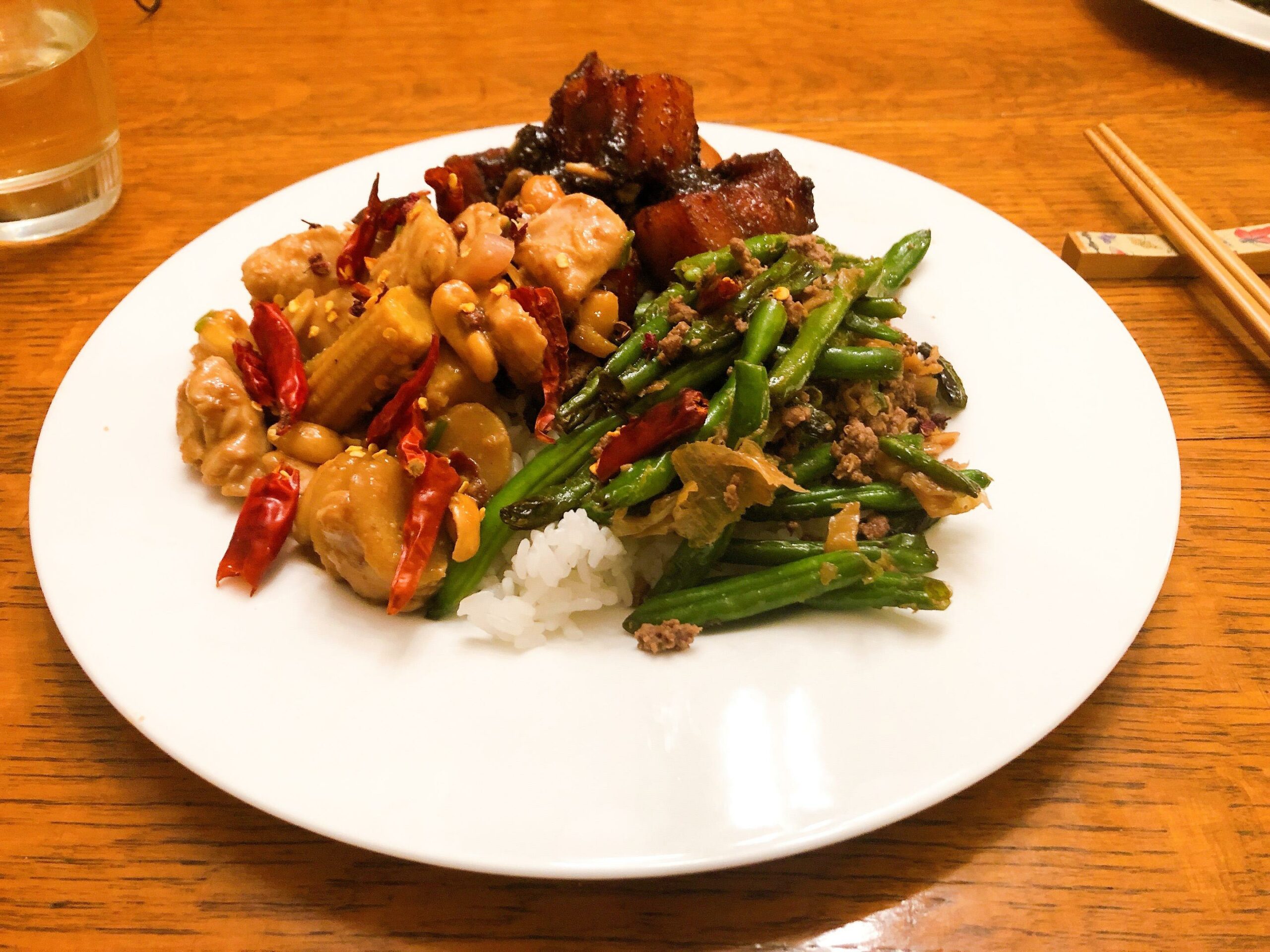 Kung pao chicken, dryfried green beans, redbraised pork belly Chili