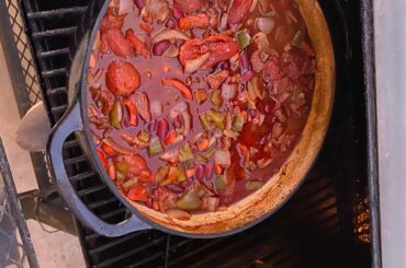 Smoked Rei-tip chili. Used ghost peppers and roasted hatch.