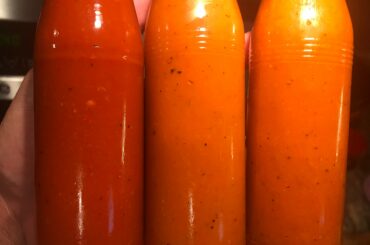 Small batch of hot sauces I made. L-R: 1) ghost pepper & Carolina reaper 2)peach, reaper & ghost 3) habanero & garlic