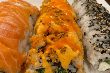A spicy sushi experiment. Habanero spicy tuna with sriracha, topped with spicy mayo, fermented Carolina reaper hot sauce, and crusted with Taqui ghost pepper tortilla chips.