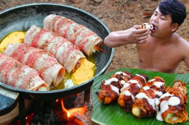 Cooking Mushroom Rolling Bacon eating with Hot Chili Sauce - Grilled Hot Dog in Mushroom BBQ Recipe