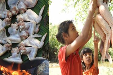 primitive cute Girl-Yummy cooking chicken wing with spicy chili fried recipe eating delicious