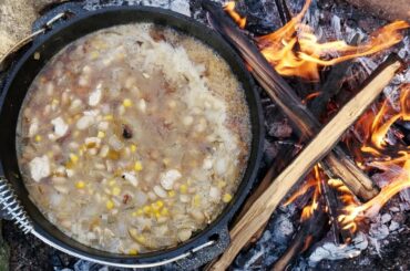White Bean Chicken Chili Over an Open Fire