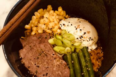 Paldo Volcano ramen with poached egg and short ribs